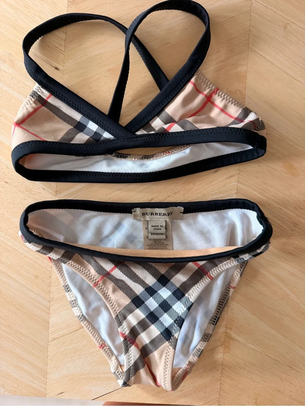 Vintage Burberry Beige Nova Check Bikini Set with Black Trim 2Y